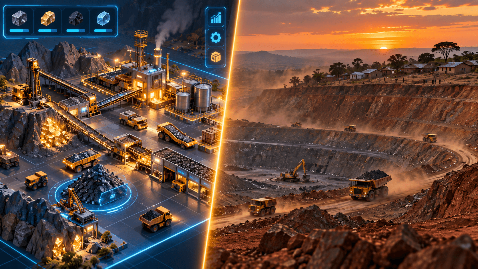 PC mining game vs real Tanzania mine — Factorio vs extractive industry reality comparison illustration